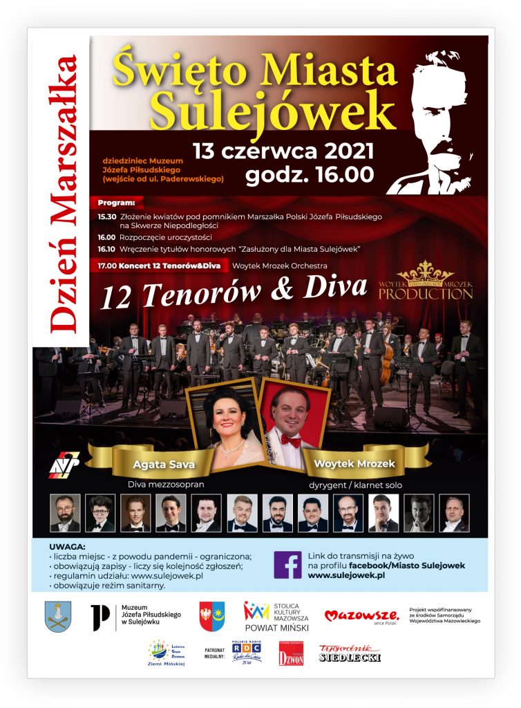 Duży napis-Święto Miasta Sulejówek pod nim data 13 czerwca 2021r. godz. 16.00, z lewej strony pionowy napis: DZIEŃ MARSZAŁKA. W tlr artyści tenorzy na scenie.