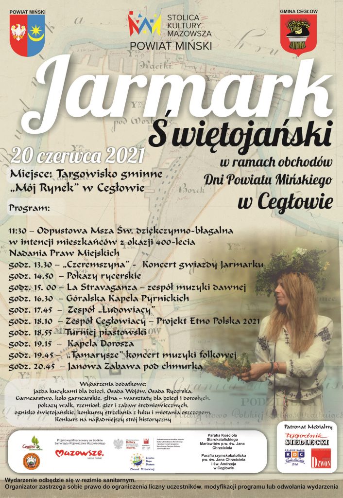 Duży napis Jarmark Świętojański. Przestawiony szczegółowy program wydarzenia. W tle widoczna dziewczyna z wiankiem na głowie.