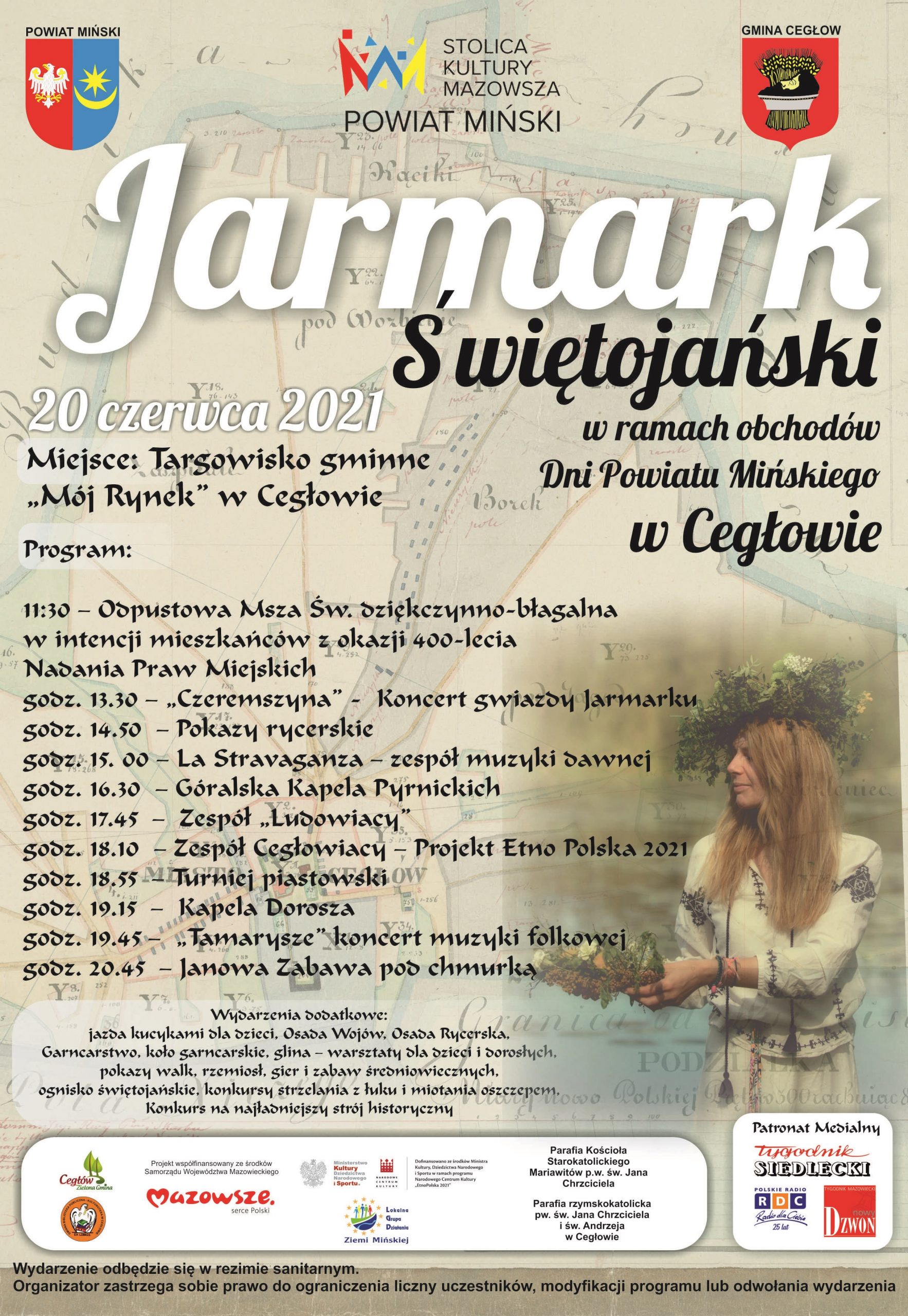 Duży napis Jarmark Świętojański. Przestawiony szczegółowy program wydarzenia. W tle widoczna dziewczyna z wiankiem na głowie.