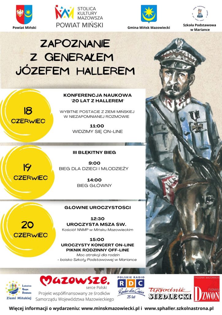 Widoczne hasło - duże czarne litery - Zapoznanie z gen. Józefem Hallerem. na górze i na dole strony logotypy. Na pierwszym planie żołnierz na koniu