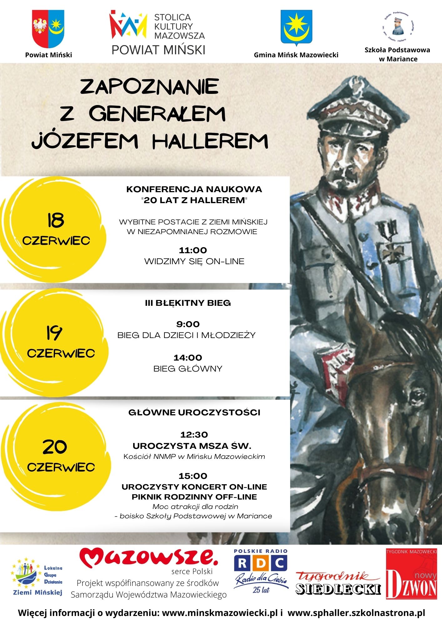 Widoczne hasło - duże czarne litery - Zapoznanie z gen. Józefem Hallerem. na górze i na dole strony logotypy. Na pierwszym planie żołnierz na koniu