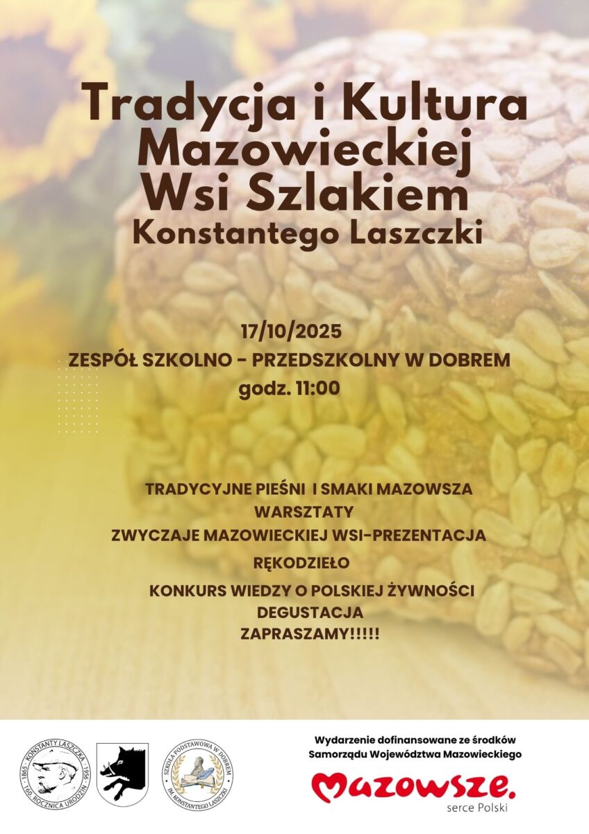 Plakat promuje wydarzenie „Tradycja i Kultura Mazowieckiej Wsi”. Tło przedstawia łany zbóż w odcieniach złota i brązu. Na dole widoczne są logotypy partnerów i napisy.
