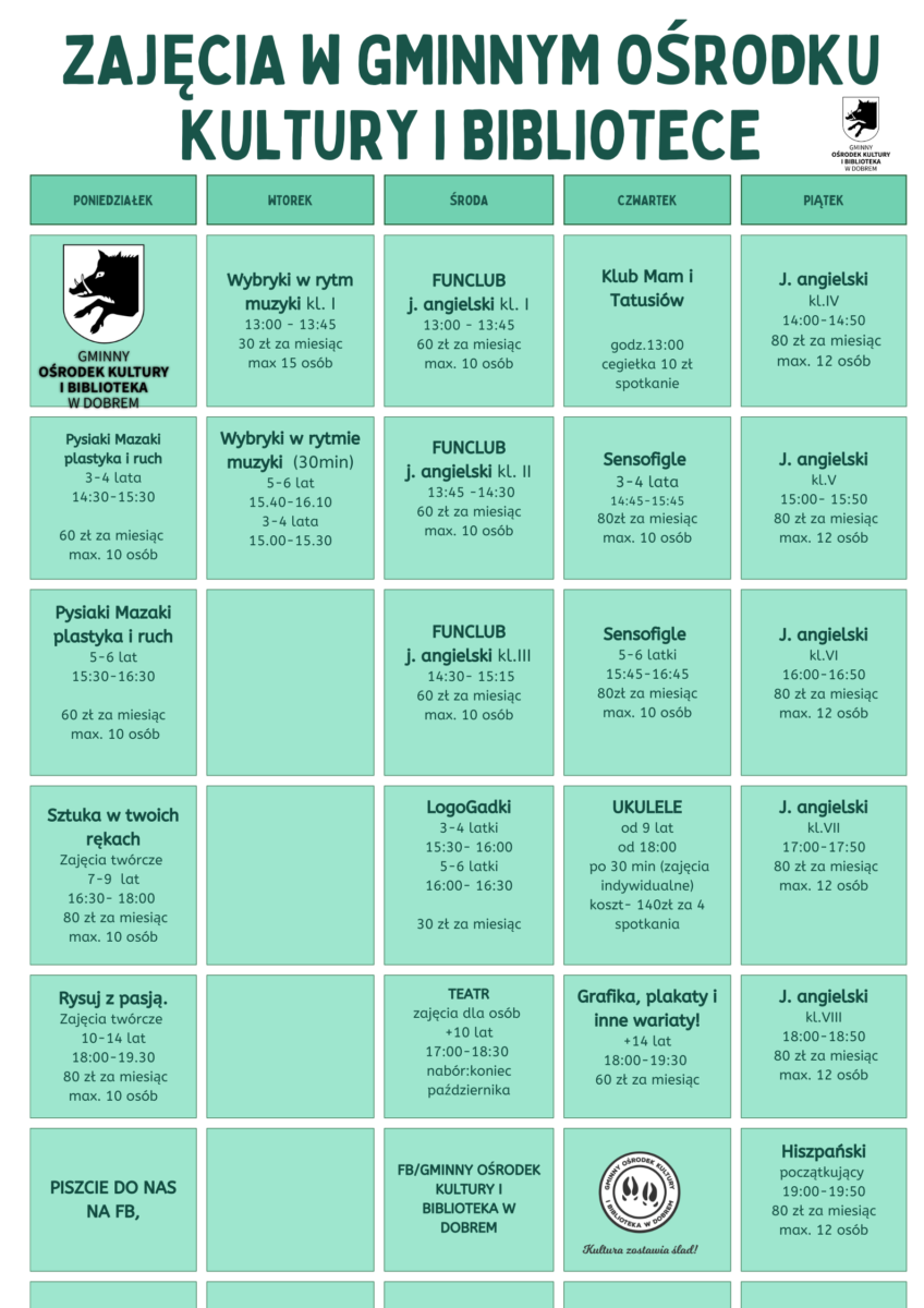 GOK zaprasza na zajęcia, tabela