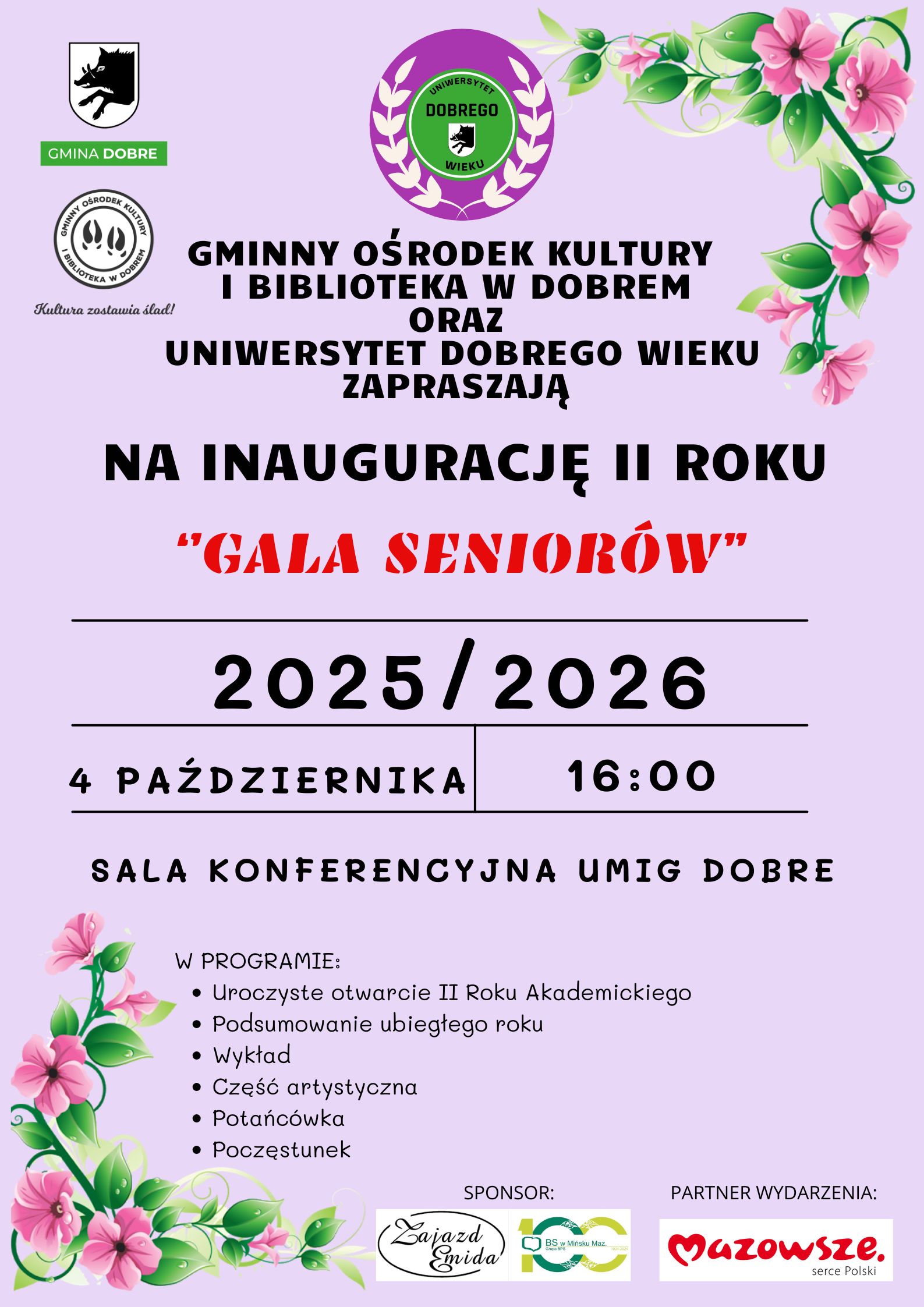 Plakat zaprasza na Galę Seniorów. Jasny fiolet tła z różowymi kwiatami. Wydarzenie 4 października 2025 o 16:00.