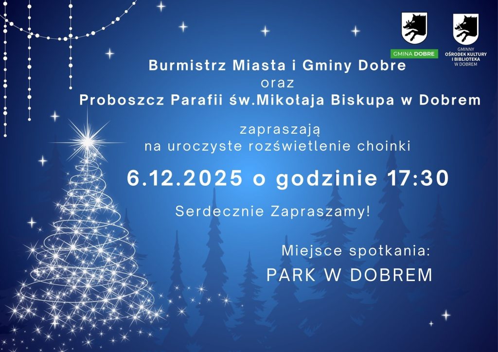 Na niebieskim tle świeci biała choinka. Obok widoczny jest tekst zapraszający na uroczyste rozświetlenie choinki. W tle widać zarysy drzew.