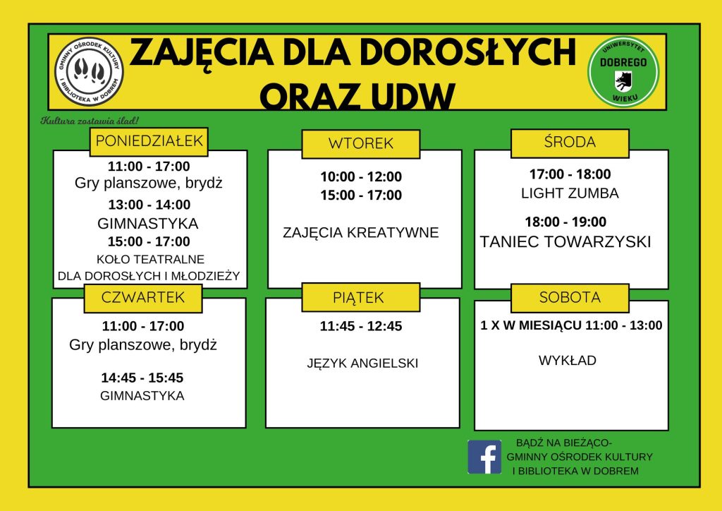 Harmonogram zajęć dla dorosłych na tle zielono-żółtym. Poniedziałek-sobota, różne aktywności jak gimnastyka i taniec. Logo i kontakt na dole.