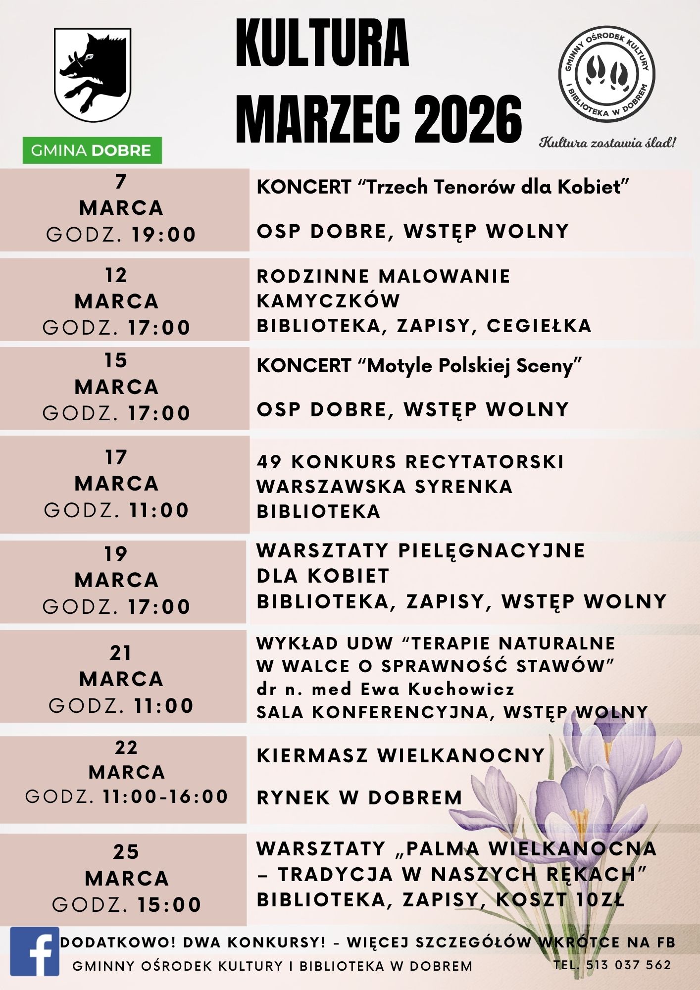 Plakat informuje o wydarzeniach kulturalnych w marcu 2026 w Gminie Dobre. Tło jest jasne, z fioletowym kwiatem na dole. Zawiera daty, godziny i miejsca wydarzeń.