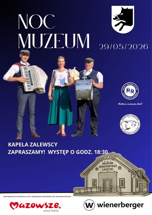 Plakat promuje Noc Muzeum 29 maja 2026. Na niebieskim tle widnieje zdjęcie trzech muzyków z instrumentami. Na dole są logotypy sponsorów.