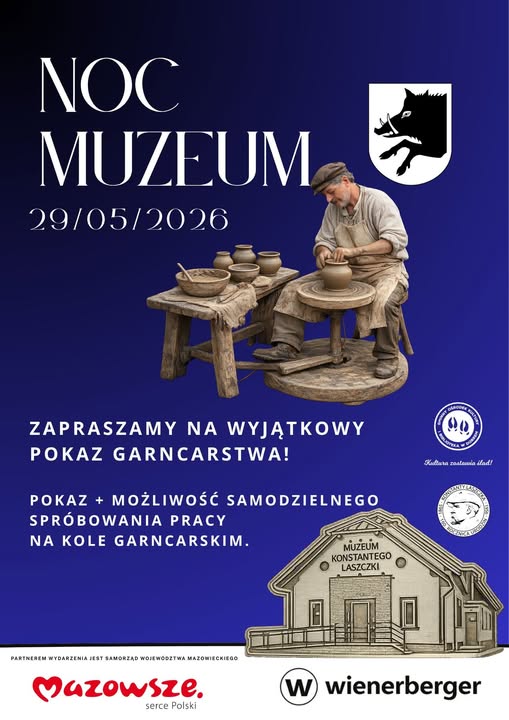 Plakat promuje Noc Muzeum 29/05/2026. Na obrazie garncarz w historycznym stroju tworzy ceramikę. Tło jest granatowe z białym tekstem i herbem.