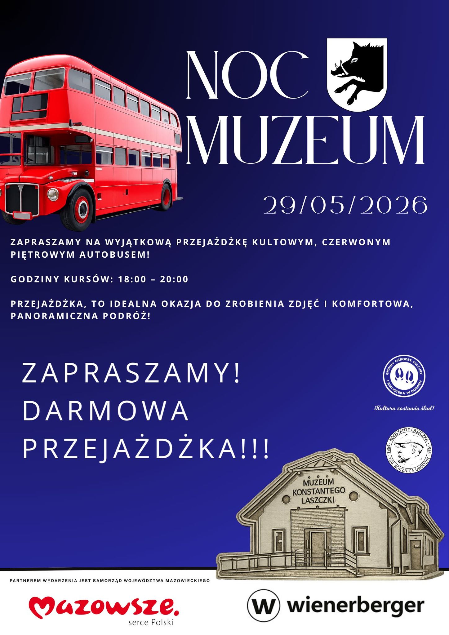 Plakat Nocy Muzeów z czerwonym autobusem piętrowym na granatowym tle. Data: 29/05/2026. Informacje o darmowej przejażdżce i Muzeum Konstantego Laszczki.