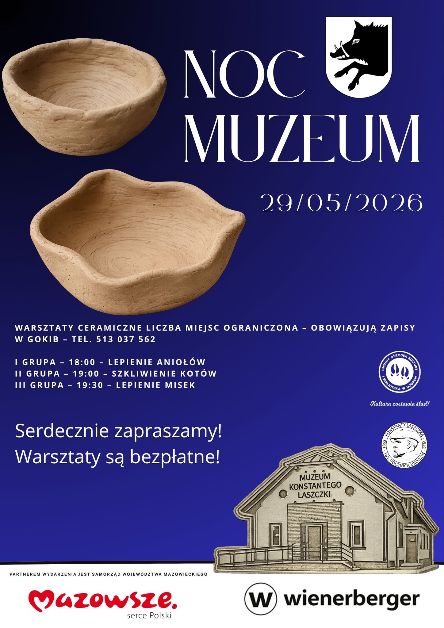 Plakat promuje Noc Muzeum 29/05/2026 z niebieskim tłem. Przedstawia gliniane miski i grafikę budynku Muzeum Konstantego Laszczki. Na dole widoczne są logotypy partnerów wydarzenia.