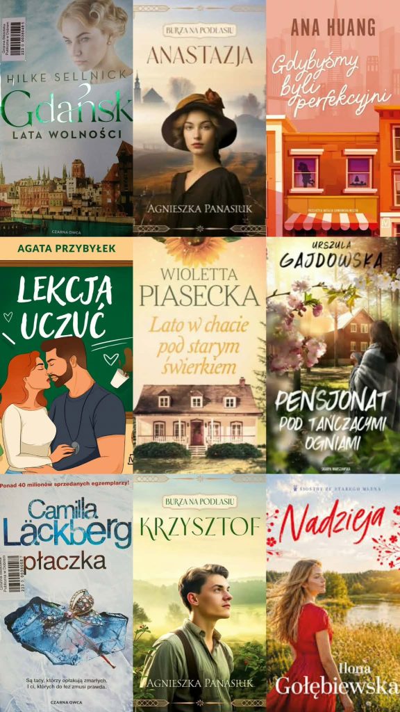 Kolaż okładek książek w trzech rzędach. Kolory pastelowe, dominują motywy domów i postaci, jasne tło i zieleń.