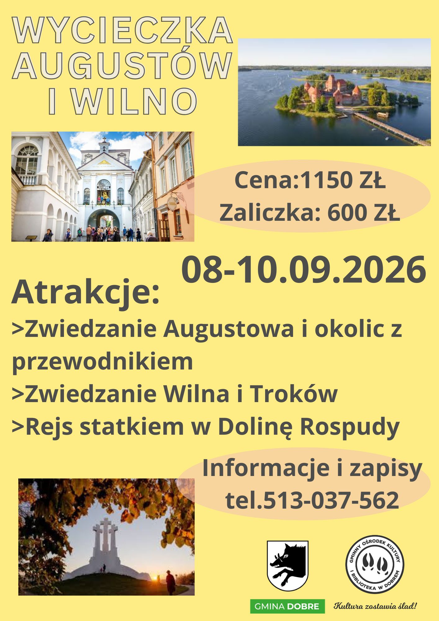 Plakat wycieczki do Augustowa i Wilna, tło żółte, zdjęcia zabytków i krajobrazów, szczegóły oferty i kontakt.