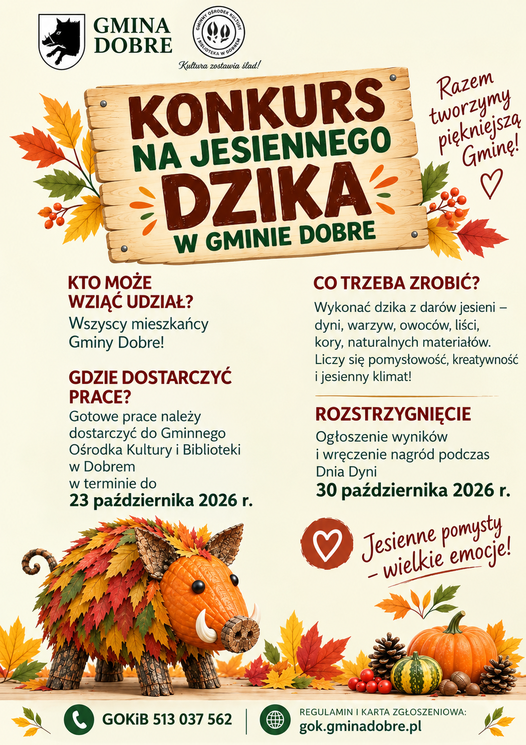 Plakat promuje konkurs na jesiennego dzika w Gminie Dobre. Dominujące kolory to zielony, brązowy i pomarańczowy na jesiennym tle z liśćmi. Widoczny zabawny dzik z darów jesieni oraz szczegóły konkursu.